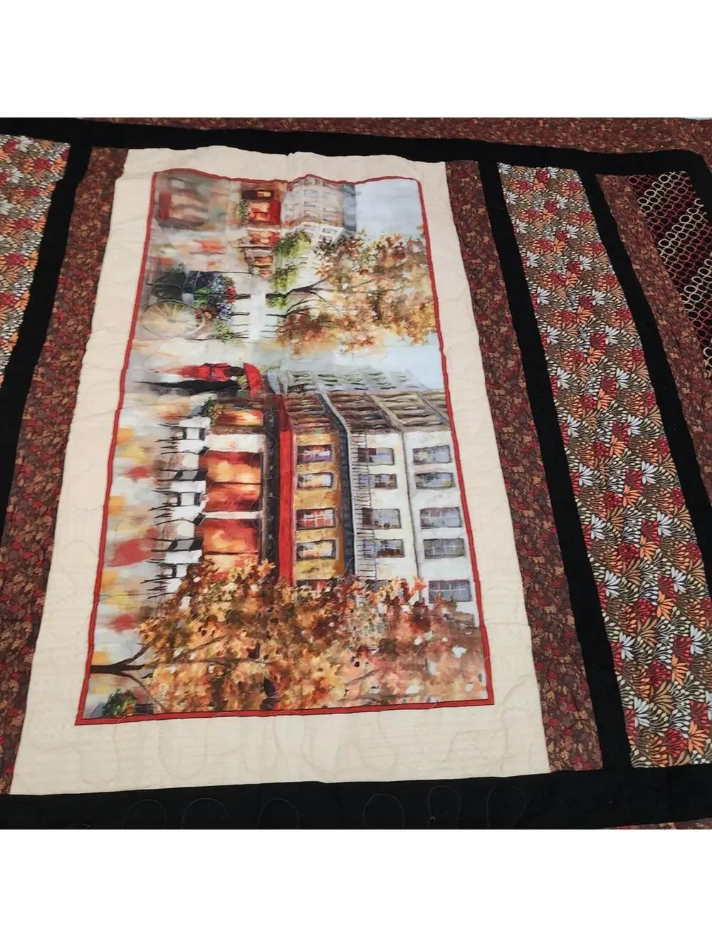 New Beautiful Handcrafted Autumn-Themed Quilt with Parisian Street Scene